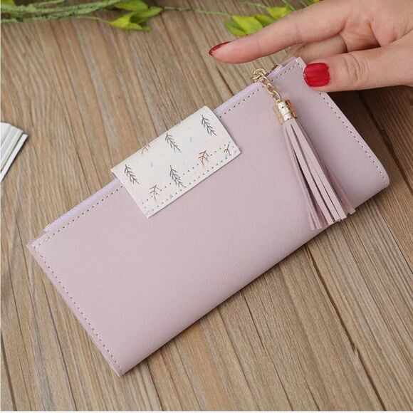 Purple Long PU Leather Wallet For Women Tassel Zipper Card Holder Purse Handbag - Picture 6 of 9